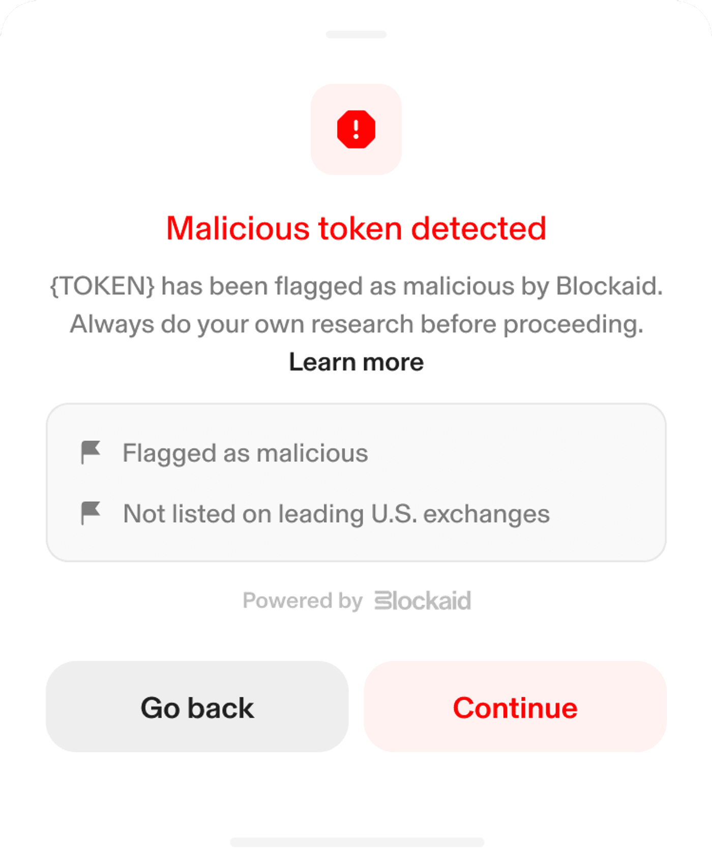 Malicious token warning